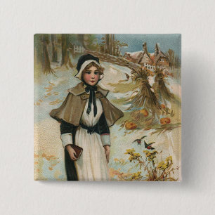 Dankzeggingsdaggroeten met een pelgrimsvrouw vierkante button 5,1 cm
