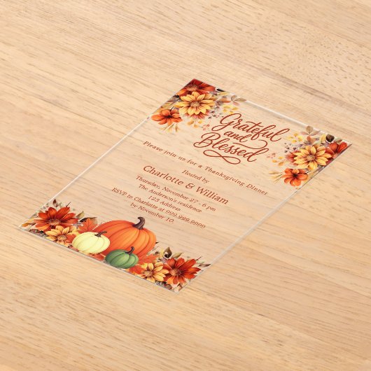 Dankzeggingsdiner oranje pompoen bloemen helder acryl uitnodigingen (Laagn)