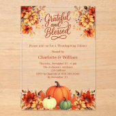 Dankzeggingsdiner oranje pompoen bloemen helder acryl uitnodigingen (Voorkant)