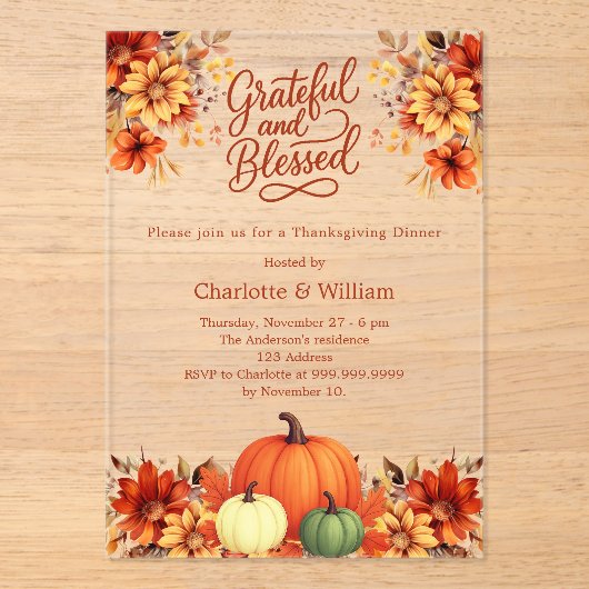 Dankzeggingsdiner oranje pompoen bloemen helder acryl uitnodigingen (Voorkant)