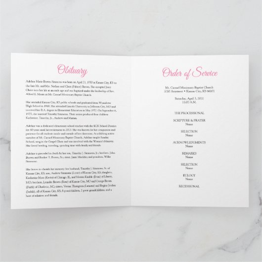 Dans la mémoire aimante | Programme funéraire Rose (Intérieur)