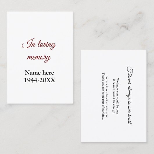 dans l'amour nom de mémoire texte keepsaké carte d (Devant / Derrière)