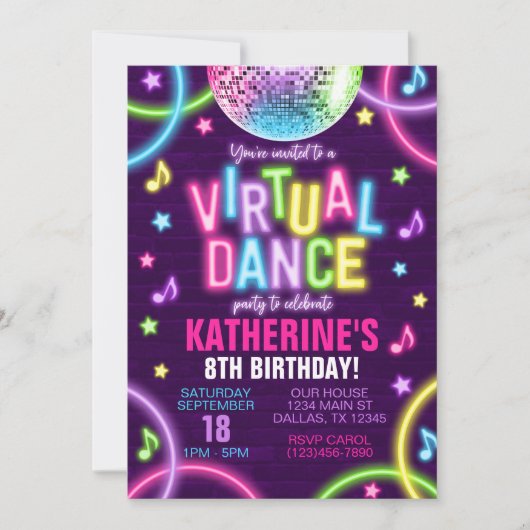 Danse virtuelle Neon Glow Invitation d'anniversair (Devant)