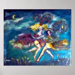 DANSEN IN DE NACHT Carnavalsdansers in maanlicht Poster