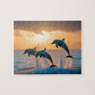 Dansen in de schemering: drie dolfijnen springen legpuzzel