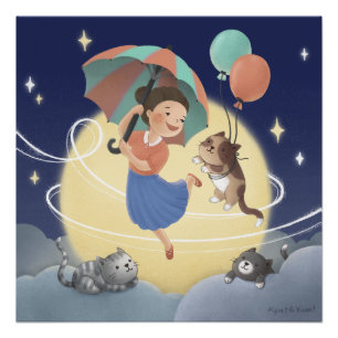 Dansen met katten bij maanverlichte nacht perfect poster
