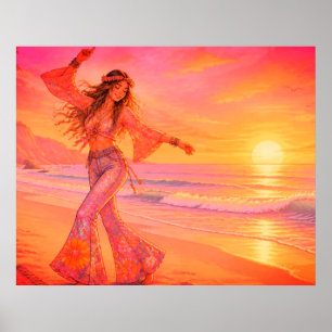 Dansen op het strand onder de zonsondergang op een poster