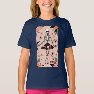 Dansend Halloween skelet in een bloemenrok T-shirt