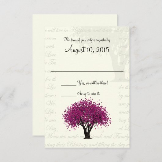 Dansende Bloemen Plum Paarse Boom en Trouwtekst RSVP Kaartje (Voorkant / Achterkant)