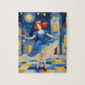 Dansende dame met rood haar blauwe jurk gouden kro legpuzzel (Verticaal)