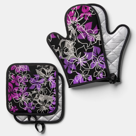 Dansende Hibiscus Hawaiian Blend Paarse Ovenwant & Pannenlap Set (Voorkant / Achterkant)