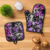 Dansende Hibiscus Hawaiian Blend Paarse Ovenwant & Pannenlap Set (Top down)