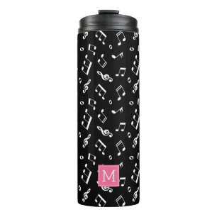 Dansende Muzieknoten Patroon en Roze Monogram Thermosbeker