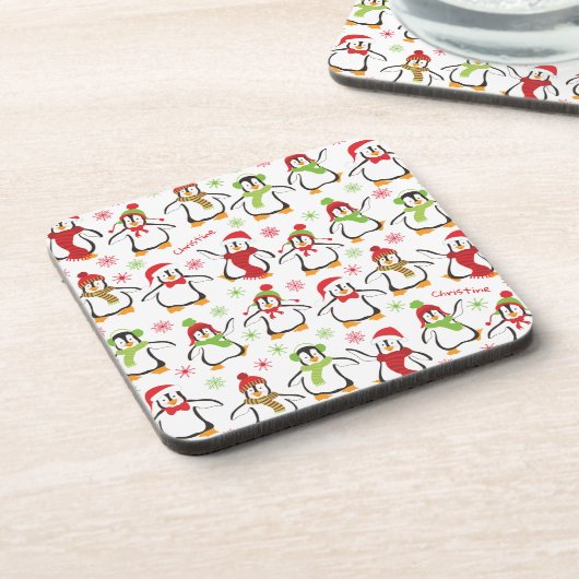 Dansende Penguins Red en Green Pattern Kerstmis Bier Onderzetter (Linkerzijde)