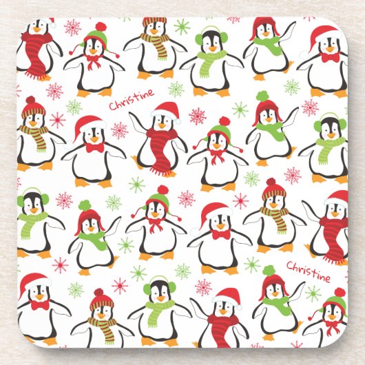 Dansende Penguins Red en Green Pattern Kerstmis Bier Onderzetter (Voorkant)