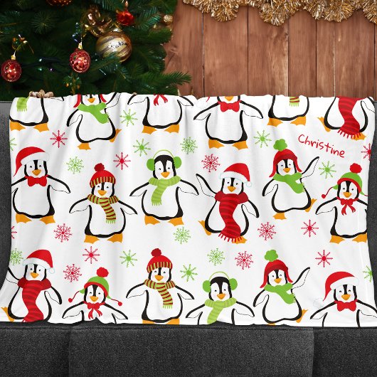 Dansende Penguins Red en Green Pattern Kerstmis Fleece Deken