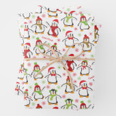 Dansende Penguins Red en Green Pattern Kerstmis Inpakpapier Vel (In situ)