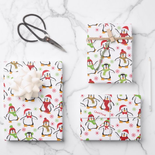 Dansende Penguins Red en Green Pattern Kerstmis Inpakpapier Vel (Voorkant)
