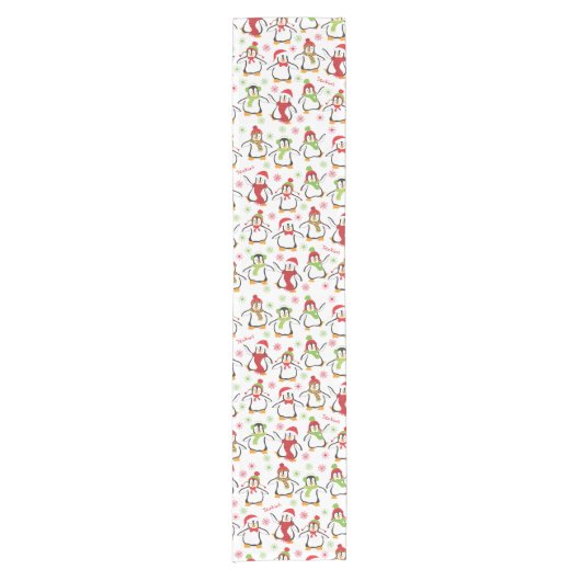 Dansende Penguins Red en Green Pattern Kerstmis Korte Tafelloper (Voorkant)