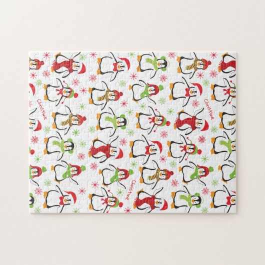 Dansende Penguins Red en Green Pattern Kerstmis Legpuzzel (Horizontaal)
