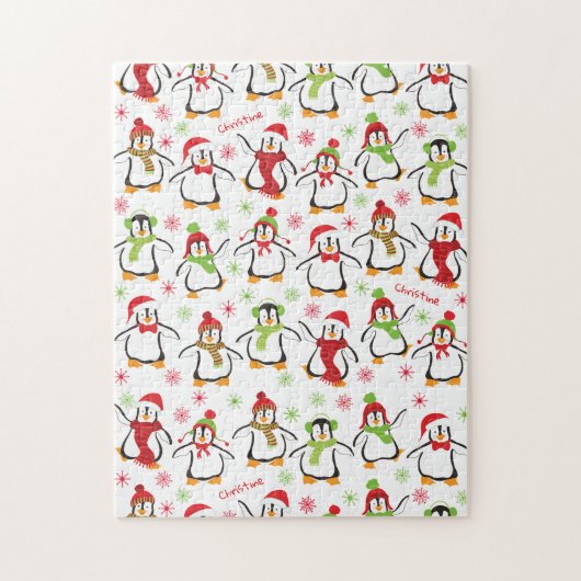 Dansende Penguins Red en Green Pattern Kerstmis Legpuzzel (Verticaal)