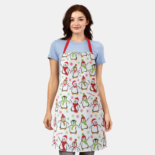 Dansende Penguins Red en Green Pattern Kerstmis Schort (Gedragen)