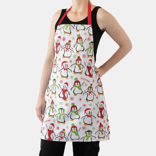 Dansende Penguins Red en Green Pattern Kerstmis Schort (Insitu)