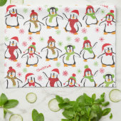 Dansende Penguins Red en Green Pattern Kerstmis Theedoek (Gevouwen)
