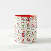 Dansende Penguins Red en Green Pattern Kerstmis Tweekleurige Koffiemok (Center)