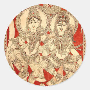 DANSENDE RADHA KRISHNA KALAMKARI KUNST VAN INDIA RONDE STICKER