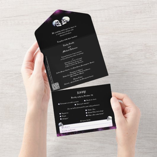 Dansende skeletten Paarse Gotische bruiloft uitnod All In One Uitnodiging (Afscheurbaar)