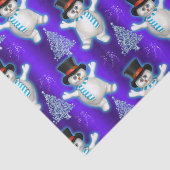 Dansende Snowmen op Blauwe Kerstmis Tissuepapier (Detail)