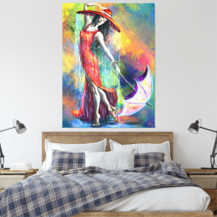 Dansende vrouw met paraplu canvas afdruk