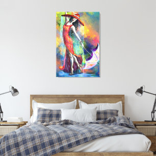 Dansende vrouw met paraplu doekprint canvas afdruk