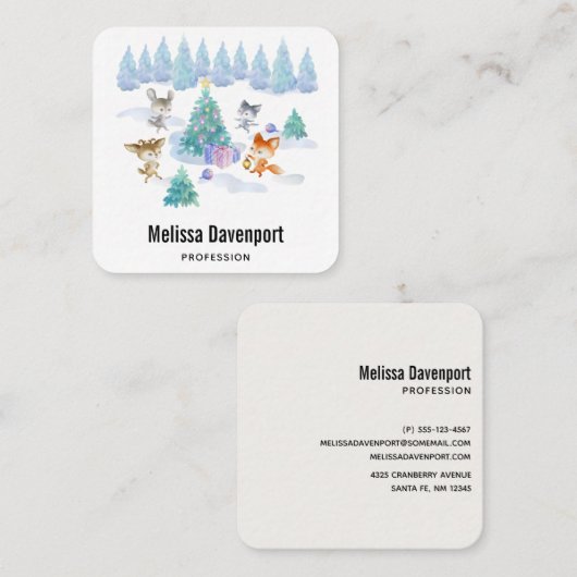 Dansende Waterverf met Kerstmis bij bosdieren Vierkante Visitekaartje (Voorkant / Achterkant)
