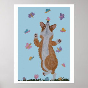 Dansende Welsh Corgi met vlinders Poster