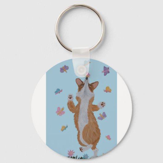 Dansende Welsh Corgi met Vlinders Sleutelhanger (Voorkant)