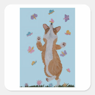 Dansende Welsh Corgi met Vlinders Vierkante Sticker