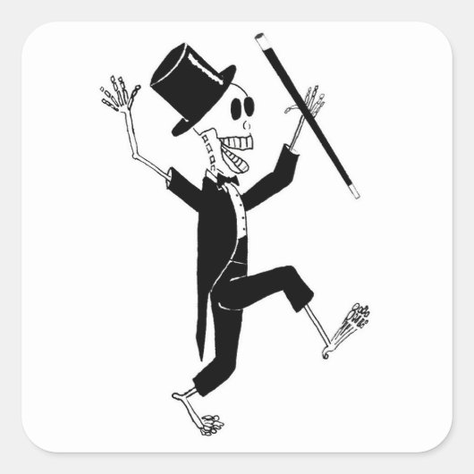 Danskelet in Tuxedo en Top Hat met Cane Vierkante Sticker (Voorkant)