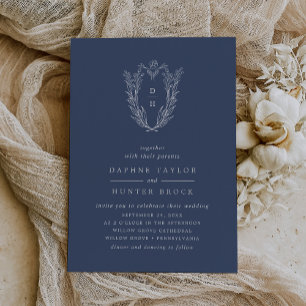 DAPHNE Donkerblauw Zilver Folie Botanische bruilof Uitnodiging