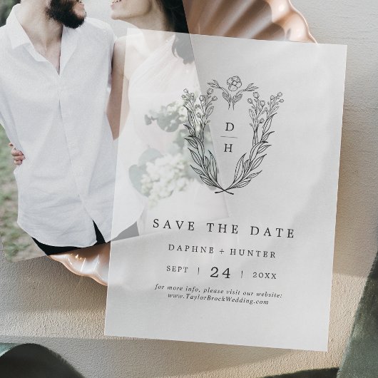 DAPHNE Floral Monogram Black Wedding Save The Date Vellum Uitnodigingen
