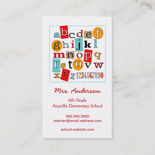 D'appel ABC 123 Alphabet Enseignant Carte de visite de con (Devant)