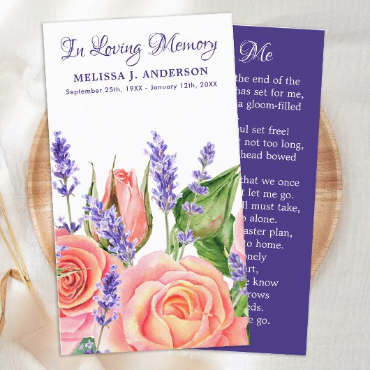 D'appel Carte de prière funéraire mémorial Lavender Peach 