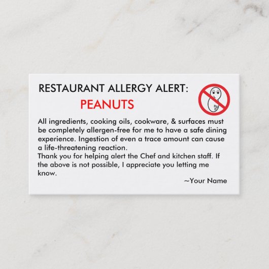 D'appel Carte ICE et restaurant de l'allergie aux arachide (Devant)