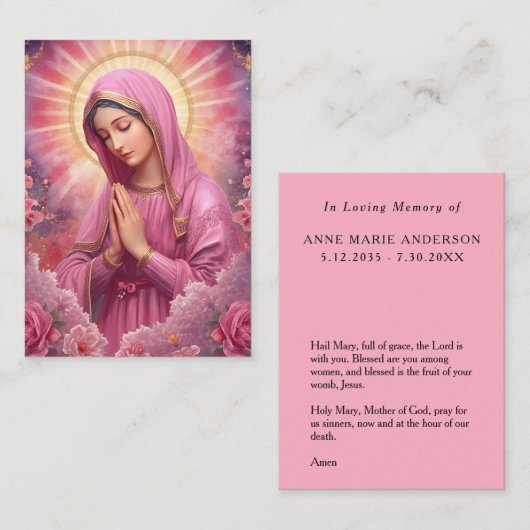 D'appel Carte mémorial de la Vierge Marie rose (Devant / Derrière)