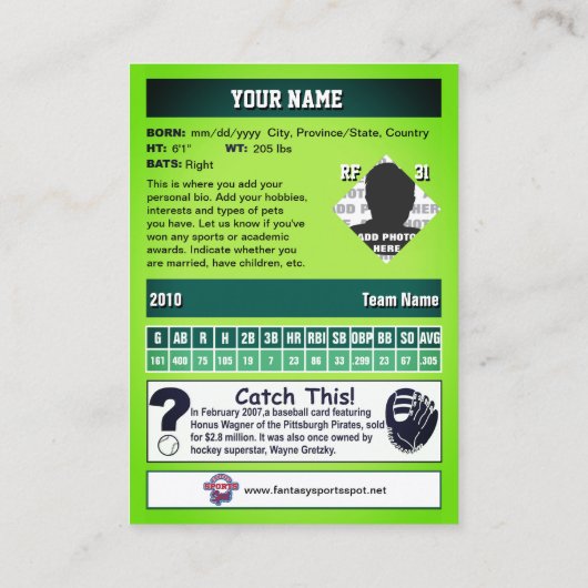 D'appel Gradient Green Baseball - Carte de commerce Statis (Dos)