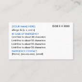 D'appel Restaurant d'allergie alimentaire et carte ICE (Dos)