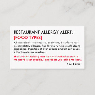D'appel Restaurant et carte ICE pour les allergies aliment