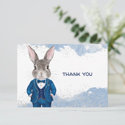 Dapper Boy Bunny in Blue Suit en Bow Stropdas Bedankkaart (Staand voorkant)
