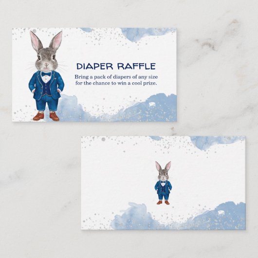 Dapper Boy Bunny in een blauw pak Luier Raffle Informatiekaartje (Voorkant / Achterkant)